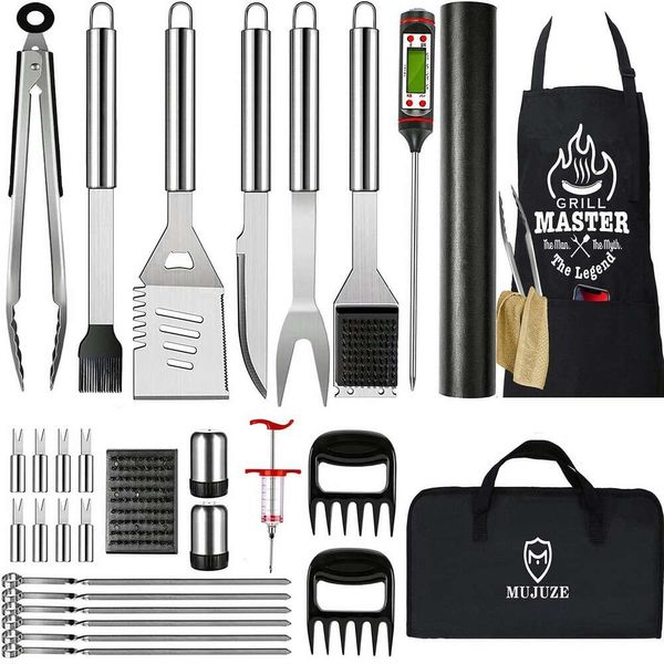 Ensemble d'ustensiles, accessoires de barbecue, outils, barbecue MUJUZE avec tablier, kit de grill en acier inoxydable, cadeaux pour homme ou papa (style 1)