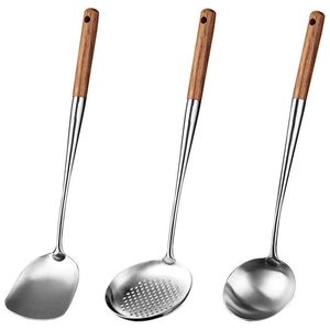 Ustensiles Wok Spatule and Ladle, Skimmer Ladle Tool Set, 17 pouces spatule pour wok, 304 Wok en acier inoxydable spatule