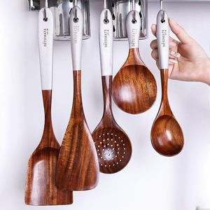 Ustensiles en bois teck poignée spatule cuisine wok spatule sculpté cuisine tourneur riz soupe cuillère coquille ustensiles de cuisine ensemble vaisselle