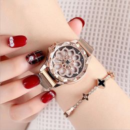 UTHAI CQ30 femmes montres or rose horloge montre-bracelet dames montre pour femme quartz strass Spin fleur Transparent luxe 240320