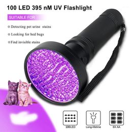 Linternas Antorchas Luz negra UV, 100 LED 395 Nm Antorcha ultravioleta Detector de luz negra para mascotas secas Urinepet Stainsbed Bug Battery1