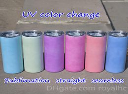 UV -kleur Verandering 20oz rechte sublimatie Skinny Tumbler -kleuren Verander naadloos roestvrijstalen beker dubbele vacuümisolatie WIT3207646