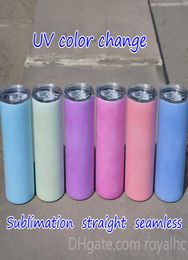 UV -kleur Veranderen 20oz rechte sublimatie Skinny Tumbler -kleuren Verander naadloze roestvrijstalen beker dubbele vacuüm isolatie met 5078156