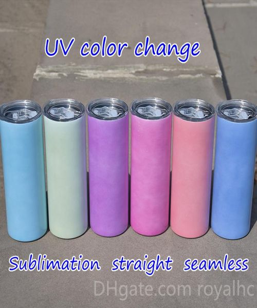 Color UV Cambio de 20 oz Sublimación recta Colores del vaso delgado Cambio de copa de acero inoxidable sin costuras Aislamiento de doble vacío Wit9300817