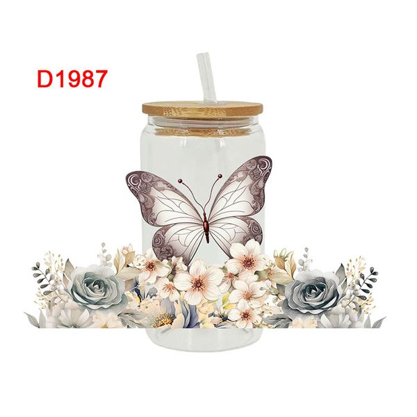 UV DTF Transferts autocollants, 16 oz, tasse de tasse, fleur, abeille, papillon imprimé pour verre bricolage, cuir en métal en céramique, etc. D1944