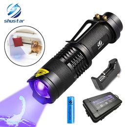 Lampe de poche UV lumière ultraviolette avec fonction Zoom Mini lumières noires UV détecteur de taches d'urine pour animaux de compagnie Scorpion utilisation pile AA/14500