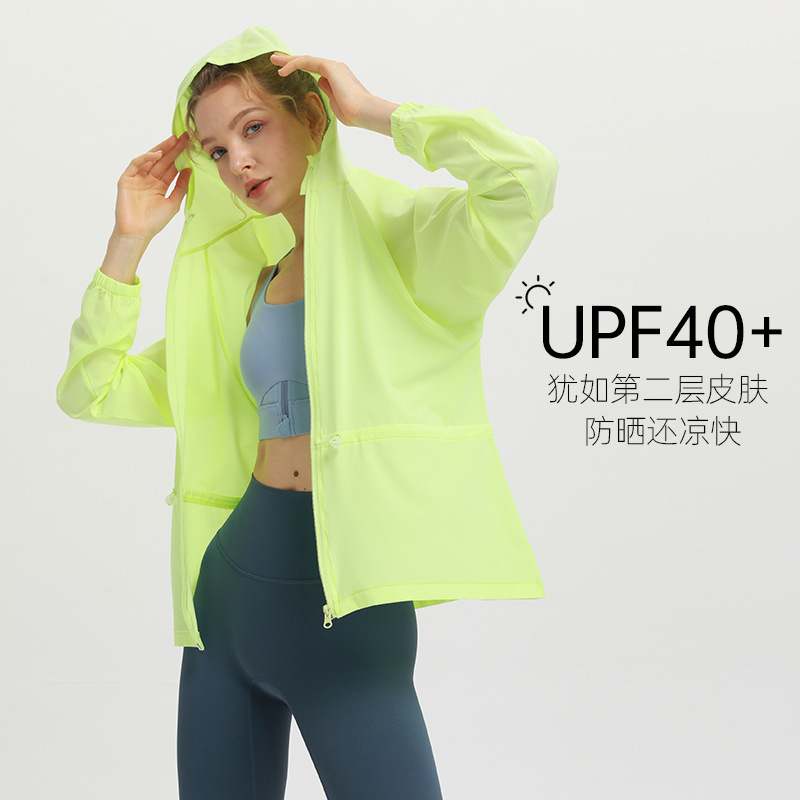 Jaqueta de luz ultravioleta será o novo zíper é impedido de aproveitar roupas com capuz de manga comprida para mulheres, roupas de ioga de designer de sol