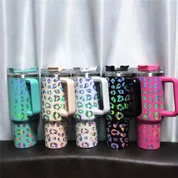 UV Luipaard 40oz Handgreep Tumblers 1200 ml Roestvrij stalen waterflessen Kleurrijke drinkbekers Dubbele wand geïsoleerd Tumbler A12