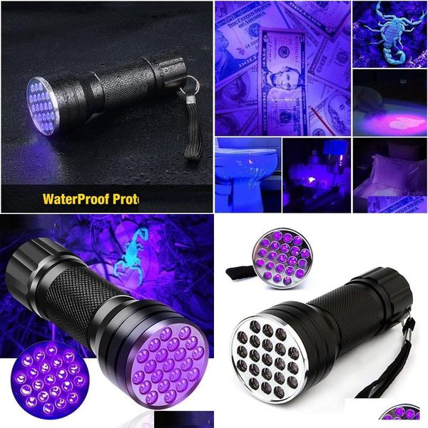 Luces UV 21 LET LET Traviolet Linteria Blacklight 395 nm Lámpara de flash de mini antorcha para manchas de orina de mascota Linterias de luz negra portátil