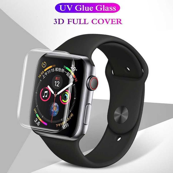 Protector de pantalla de vidrio templado UV para Apple Watch Series 7 6 5 4 3 2 1 38mm 41MM 45MM 42mm 40mm 44mm vidrio protector de pegamento completo