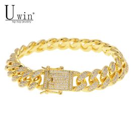 Uwin 13 mm hommes zircon Curb Cuban Link Bracelet Hip Hop Jewelry Gold Silver épais épais matériau de cuivre épais