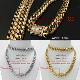 Uwin 14mm Cubain Miami Tie Collier en acier inoxydable Diamant Boucle de glace Or et Argent Collier Hip Hop 78cm Q0809