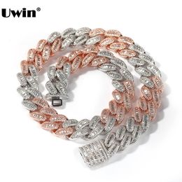 UWIN 15MM Dos tonos baguettecz Collares de circón helado hacia fuera Cadena de eslabones cubanos AAA Rosa GoldSilver Color CZ Hip Hop Joyería 240311