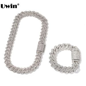 UWIN 18mm en alliage de Zinc Miami chaîne cubaine collier/Bracelet ensemble pour hommes glacé Bling strass Hip Hop bijoux goutte 240118