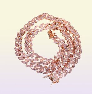 Uwin 9 mm Iced Out Women Choker ketting Rose Gold Metal Cuban Link Vol met roze kubieke zirkonia Stones Chain Jewelry7749715