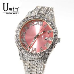 Uwin grand cadran montres rose violet bleu noir entièrement glacé hommes en acier inoxydable mode luxe s Quartz affaires 210728288O