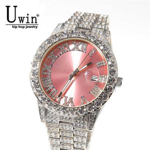 Uwin grote wijzerplaat horloges roze paars blauw zwart volledig Iced Out heren roestvrij staal mode luxe s quartz zakelijk 210728236Z