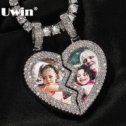 Uwin Broken Heart Medallion Picture Collar Collar Iced CZ Corazón Semi Magnético Joyería de moda 240508