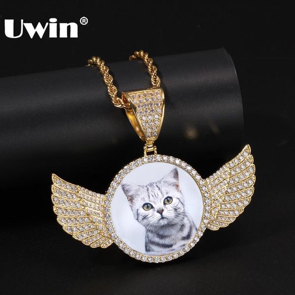 UWIN Cubique Zircone Sur Mesure Photo Pendentif Collier Soild Retour Plein Glacé Aile Ronde Étiquette Hiphop Bijoux Cadeaux CX200725