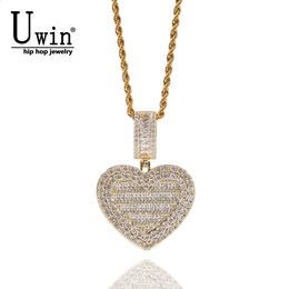 Uwin personnalisé grand coeur Po mémoire médaillons pendentif collier forme cubique Zircon hommes Hip Hop bijoux pour goutte 240202