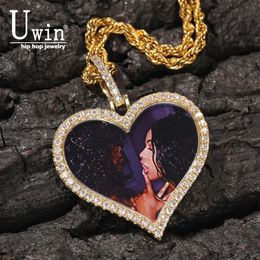 Uwin Custom Po Collar Heart Men Charm Hiphop Bling Bling Out Jewelry Solid Back for Gift Tennis Chain 240329