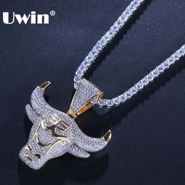 Uwin Drop Charm King Bull Pendentif Glacé Avec Coupe Ronde 4mm Chaînes De Tennis Collier Hiphop Cubique Zircone Bijoux J19071277d