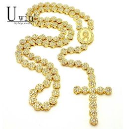 Uwin Iced Out Rosary Flower Necklace Link Bling Rhinestone Gold Jesus Head Pendant Mens Hip Hop Necklace Chain4018306