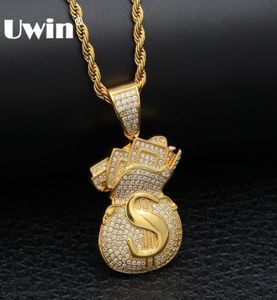 Uwin Us Money Sac Collier Pendant Full Bling Cubic Zirconia Iced Out Gold Chains Silver Gold Color Hiphop Bijoux pour Men2629735