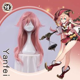 UWOWO Jeu Genshin Impact Yanfei Cosplay Perruque Yan Fei Cosplay Cheveux Longs Saumon Rose Blanc Dégradé 70cm Y0903