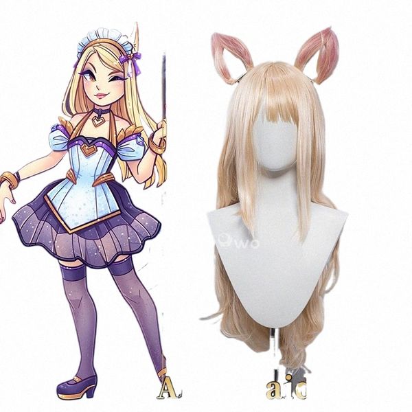 uwowo League of Legends / LOL Fanart KDA Ahri Maid Cosplay perruque Lg cheveux dorés avec oreilles M5hn #