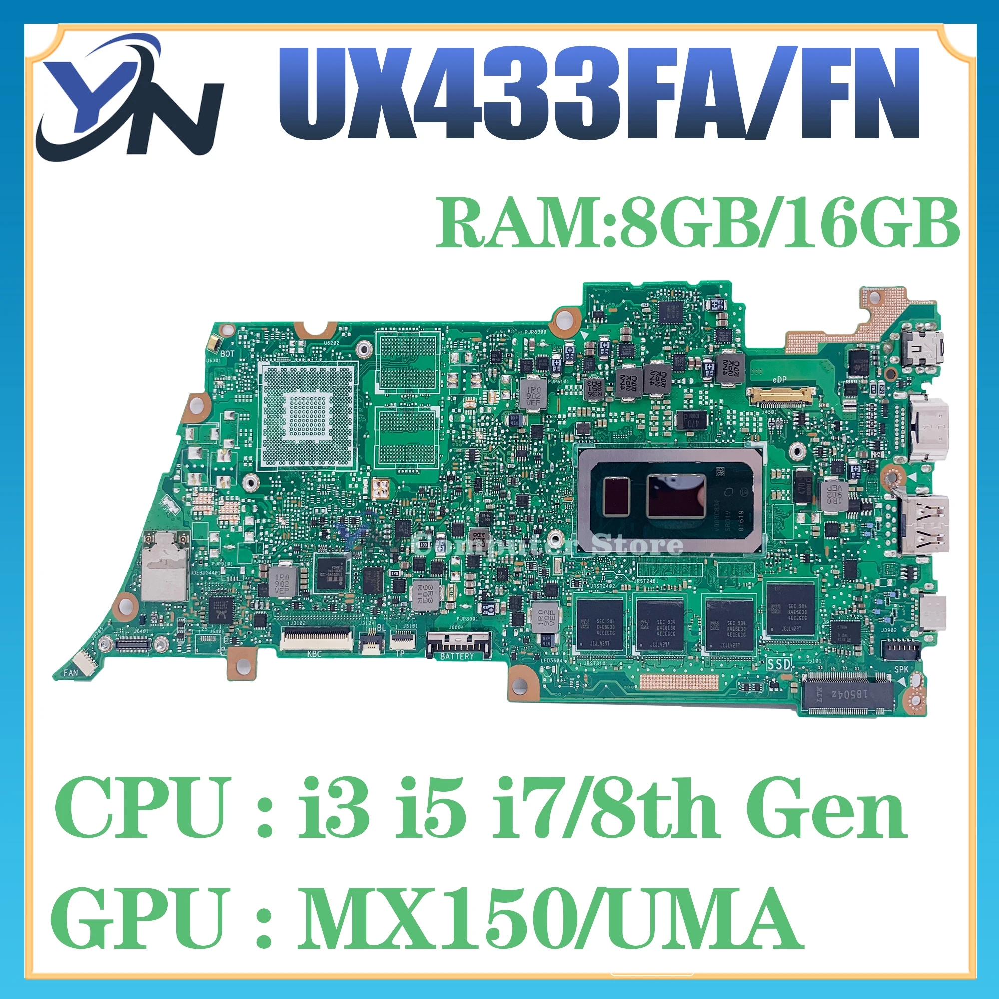 UX433F per Asus ZenBook 13 UX433FN UX433FA UX433 Laptop Mainboard Mainboard I3 I5 I5 I7 8G/16G-RAM MX150/UMA Test 100% OK
