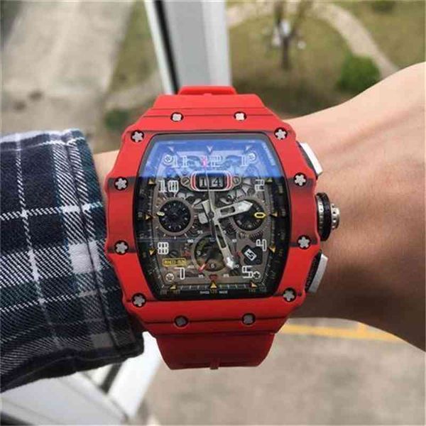 Montre de Luxe Date Luxe Mens Mécanique Montre Richa Montre-Bracelet Fibre de Carbone Rouge Multifonctionnel Automatique Mécanique Milles Personnalité Grand Cadran Cale