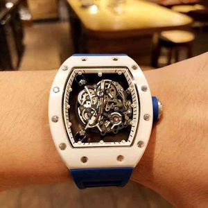 Reloj de lujo Fecha Mecánica de lujo para hombre Relojes Richa Reloj de pulsera Ocio de negocios Rm055 Mecánico automático Milles r Cinta azul de cerámica blanca
