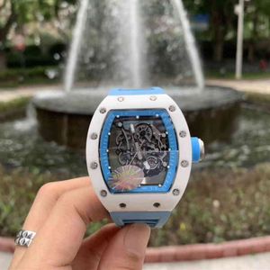 Uxury Watch -datum Richa Milles Mens Automatisch mechanisch horloge Wit keramische uithol uit gepersonaliseerde tape Tide Luminous mode waterdicht