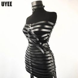 UYEE Vrouwen Harnas Skrit Full Body PU Leer Sexy Body Bondage Borst Beenriem Riem Kousen Clubwear Luxe Jurk Bretels 240312