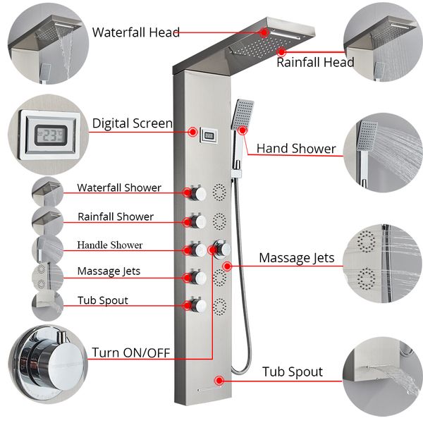 Robinet de douche de salle de bain Uythner Panneau de douche de douche Panneau de douche Tap de baignoire avec le système de massage d'écran de température de pulvérisateur à main