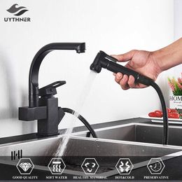 UYTHER Black Kitchen Kranen Dubbele Uitloop Trek Keukenkraan met Spray Keuken Water Taps Koud Water Mixer Deck Gemonteerd 210724