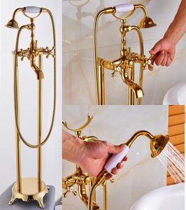 Uythner Gold Floor Mounted Ablègue de baignoire robinet à double poignée Salle de bain Douche de salle de bain Ensemble de baignoire debout Tap de baignoire avec howerwower7851888