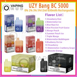 UZY Bang BC 5000 Stylo Vape jetable Bobine de maille rechargeable Batterie 650mAh Vapeurs 0% 2% 3% 5% 12 ml Pod prérempli 12 saveurs Puffs 5k Cigarette électronique