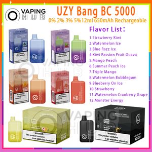 UZY Bang BC 5000 Stylo Vape jetable Bobine de maille rechargeable 650mAh Batterie Vapers 0% 2% 3% 5% 12 ml Pod prérempli 12 saveurs Puffs 5k E Cigarette