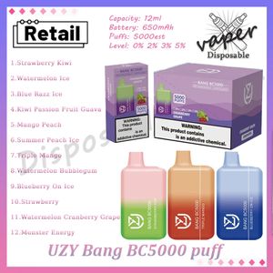 UZY Bang BC 5000 Bladerdeeg Wegwerp E-sigaret 0% 2% 3% 5% Niveau 12 ml Voorgevulde Pod Mesh Coil 650 mah Oplaadbare batterij 12 smaken 5k Rookwolken Vapes