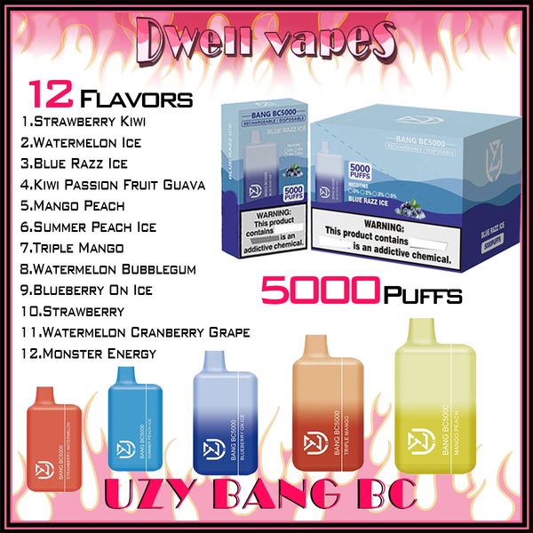 UZY Bang BC5000 Puff Vape desechable 5K Puffs E Cigarrillos Vaper 650mAh Dispositivo de batería recargable 12ml Cartucho Pod Bar 0% 2% 3% 5% Kit de nivel Mayorista de envío rápido