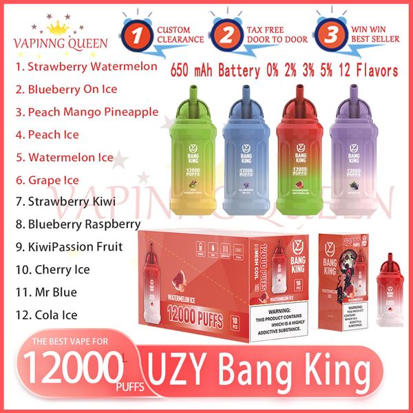 UZY Bang King 12000 Puff Cigarettes électroniques jetables 0,8 ohm Bobine de maille 23 ml Batterie rechargeable Cigs électroniques Puff 12K 0% 2% 3% 5% Kit de stylo vape Fabricant de source