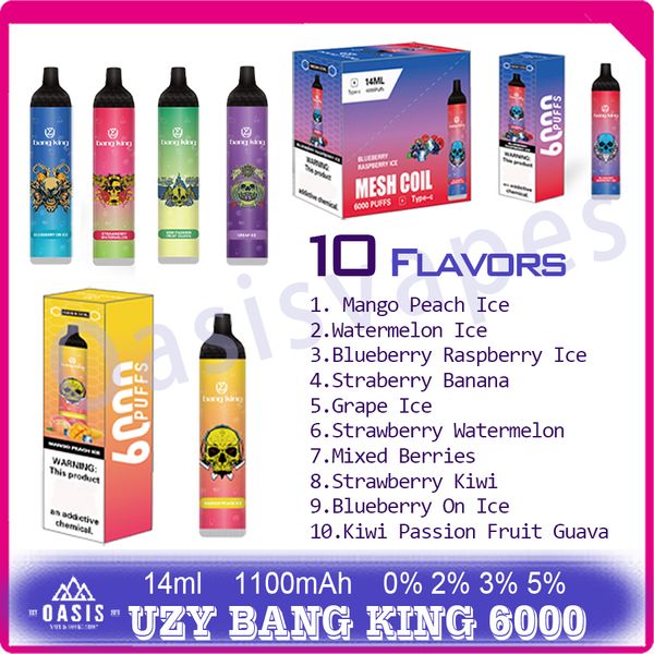 Authentique UZY BANG KING 6000 Puff Jetable E Cigarettes Puffs 6k 14ml Stylo Vape Liquide Prérempli 1100mAh Rechargeab le Vaporisateur de Batterie 10 Saveurs