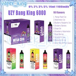Varejo UZY Bang King 6000 Puff Bobina de malha de cigarro eletrônico descartável 14ml Pod 1100 mAh Bateria Cigs eletrônicos Puffs 6K 0% 2% 3% 5% 10 sabores Vape Pen