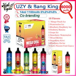 Uzy Bang King 6000 PLUFT Wegwerp VAPE Pen 14 ml Pre-gevulde pods 1100 mAh Oplaadbare batterij Nieuwe verpakking 10 Smaken 0% 2% 3% 5% Niveau Puffen 6K Elektronische sigaret
