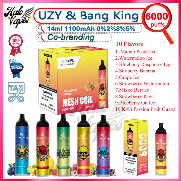 Uzy Bang King 6000 Points jetables Puffing Pap 14 ml PODS PRÉFILETS 1100mAh Batterie rechargeable Nouveau emballage 10 saveurs 0% 2% 3% 5% Puffes de niveau 6k Cigarette électronique