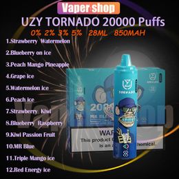 Uzy bang tornado 20000 Puffing Vape Pen 28 ml POD PREFILET POD 850MAH Batterie rechargeable Précargée 0% 2% 3% 5% de niveau de vaporisateur 20k E Cigarette 12 FLAVORS