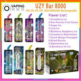 UZY Bar 8000 Puff monouso Vape Pen Mesh Coil ricaricabile 600mAh Batteria Vapers 0% 2% 3% 5% 18 ml Pod preriempito 10 gusti Puff 8k Sigaretta elettronica