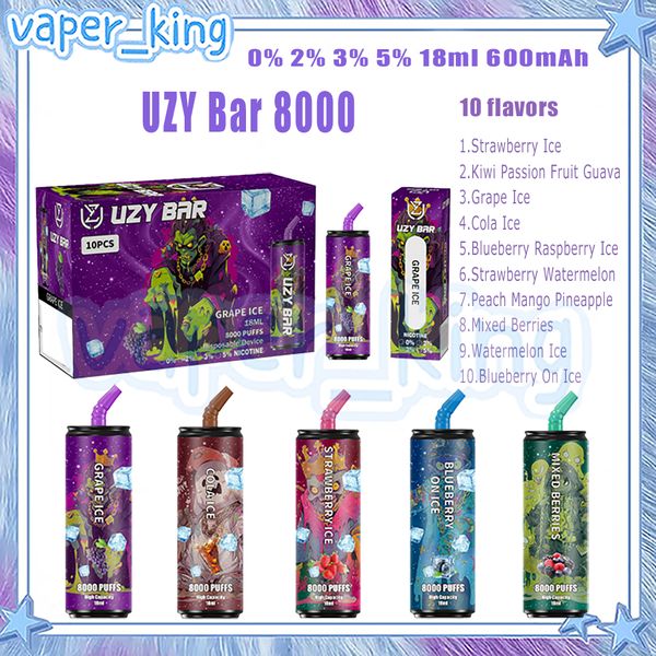 Vente au détail UZY Bar 8000 Puffs E Cigarettes Mesh Coil 18 ml Pod 600 mAh Batterie Cigs électroniques Puffs 8K 0% 2% 3% 5% 10 Saveurs Vape Pen Livraison rapide